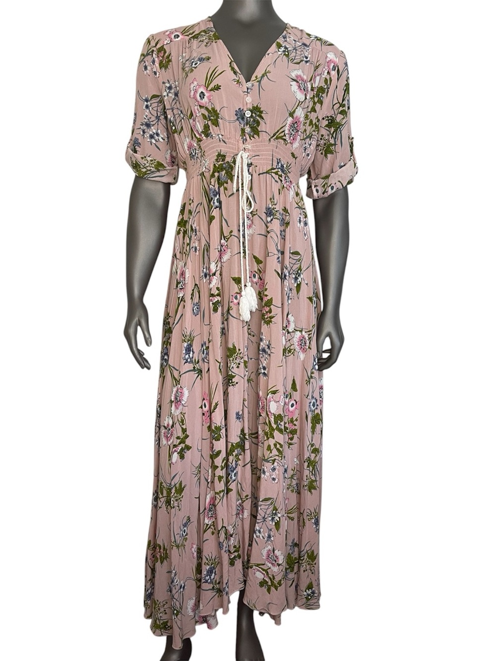 Floral Maxi Dress 2XL Pink Button Down Rayon Wild Flower Flowy Summer Long Slit